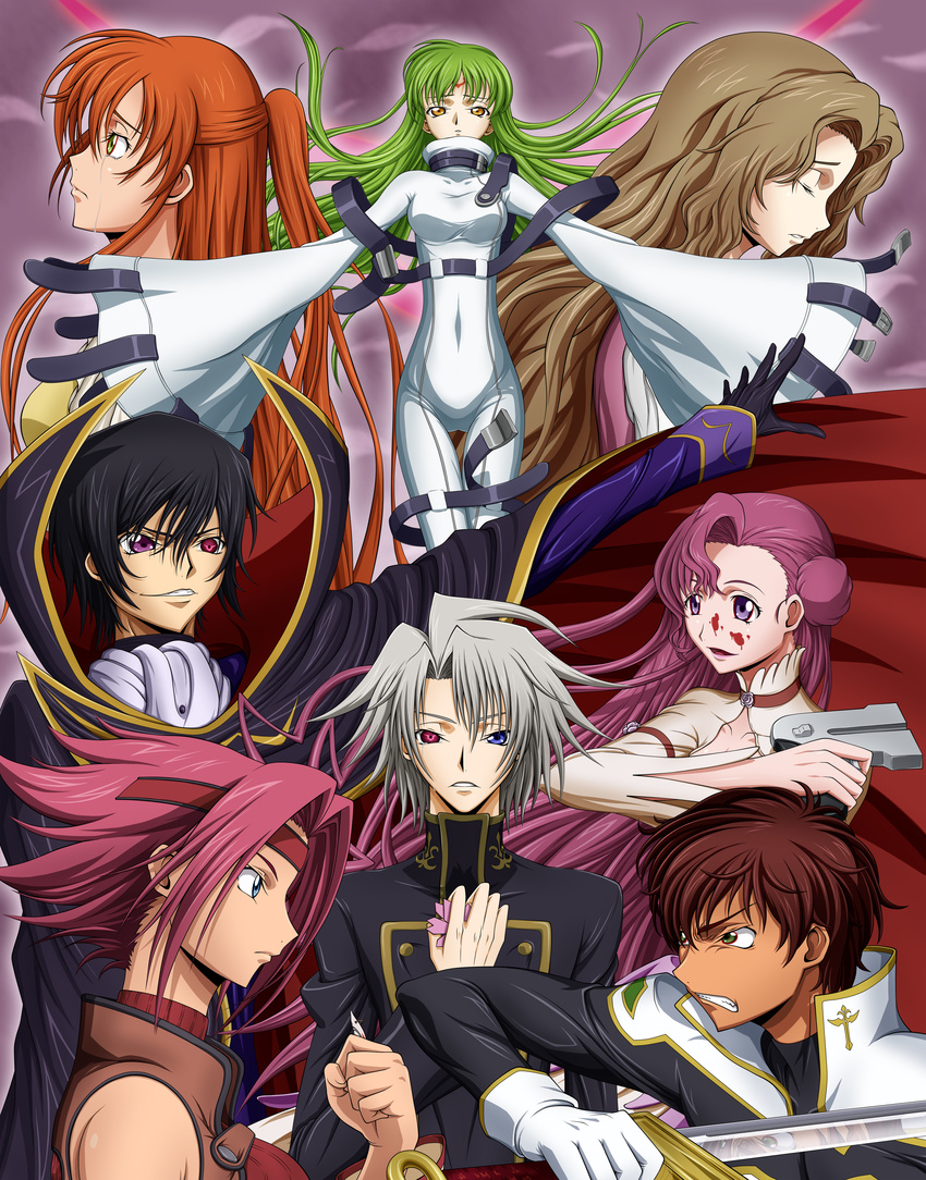 3boys 5girls absurdres angry ashford_academy_school_uniform ass_visible_through_thighs black_bodysuit black_jacket bleachist blood blue_eyes bodysuit brown_hair brown_jacket buckle c.c. clenched_hand clenched_teeth cloak closed_eyes code_geass code_geass:_lost_colors commentary_request euphemia_li_britannia geass gloves green_eyes green_hair grey_hair grin gun headband highres jacket kouzuki_kallen kururugi_suzaku lelouch_vi_britannia long_hair multiple_boys multiple_girls nunnally_vi_britannia orange_hair photoshop_(medium) pink_hair profile purple_eyes purple_hair rai_(code_geass) red_hair school_uniform shirley_fenette short_hair sleeveless sleeveless_jacket smile straitjacket sword tears teeth thigh_gap very_long_hair weapon white_bodysuit white_gloves yellow_eyes