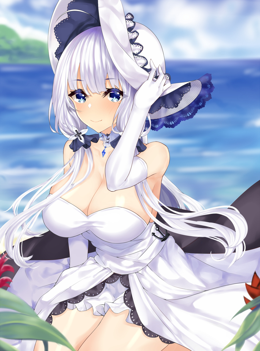 anchor azur_lane beach blue_eyes blush breasts choker cleavage commentary_request day dress elbow_gloves error_dot female gloves hair_ornament hair_over_shoulder hand_on_headwear hat highres illustrious_(azur_lane) lace lace-trimmed_headwear lace_trim large_breasts long_hair looking_at_viewer mole mole_under_eye ocean outdoors sitting smile solo strapless strapless_dress sun_hat tri_tails white_dress white_gloves white_hair wind