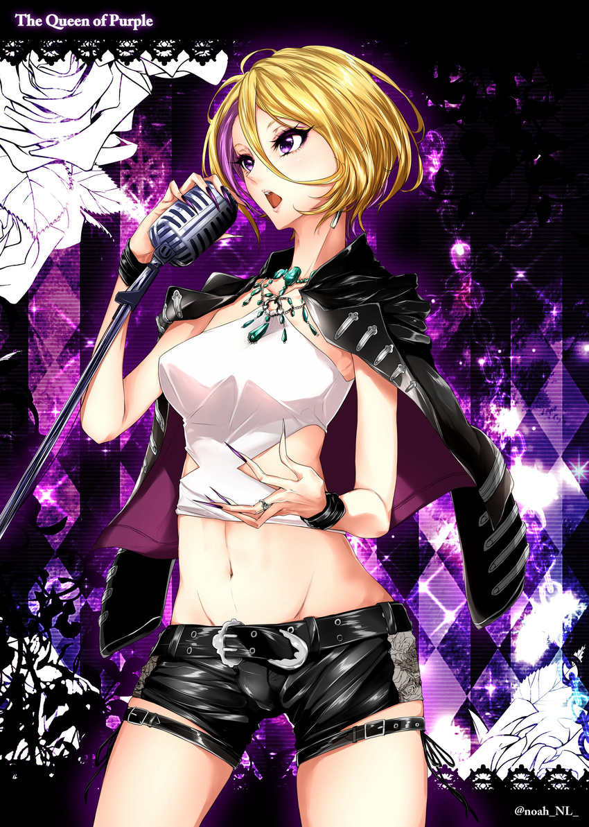 absurdres bad_hands bare_arms belt black_belt black_jacket black_shorts blonde_hair border breasts clothing_cutout commentary_request covered_nipples cowboy_shot crop_top earrings echizen_murasaki eyelashes female fingernails groin hair_between_eyes highres holding holding_microphone holding_microphone_stand jacket jacket_on_shoulders jewelry lace lace_border leather lowleg lowleg_shorts medium_breasts microphone microphone_stand midriff multicolored_hair nail_polish navel necklace noah_(yakumo3903) open_clothes open_jacket ornate_border purple_background purple_eyes ring sharp_fingernails shiny_clothes shirt short_hair short_shorts shorts side-tie_shorts side_cutout simple_background solo standing tokyo_7th_sisters twitter_username two-tone_hair very_long_fingernails vintage_microphone white_shirt