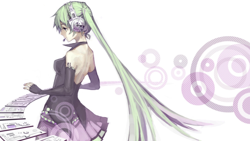 backless_outfit commentary crimsonseed elbow_gloves female fingerless_gloves gloves green_eyes green_hair hatsune_miku headphones headset highres long_hair skirt solo symbol-only_commentary very_long_hair vocaloid