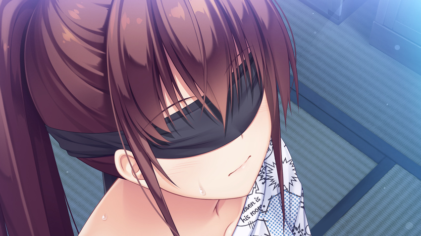 asami_asami blindfold blush brown_hair game_cg hibiki_works long_hair natural_vacation ponytail sarashina_yuzuki