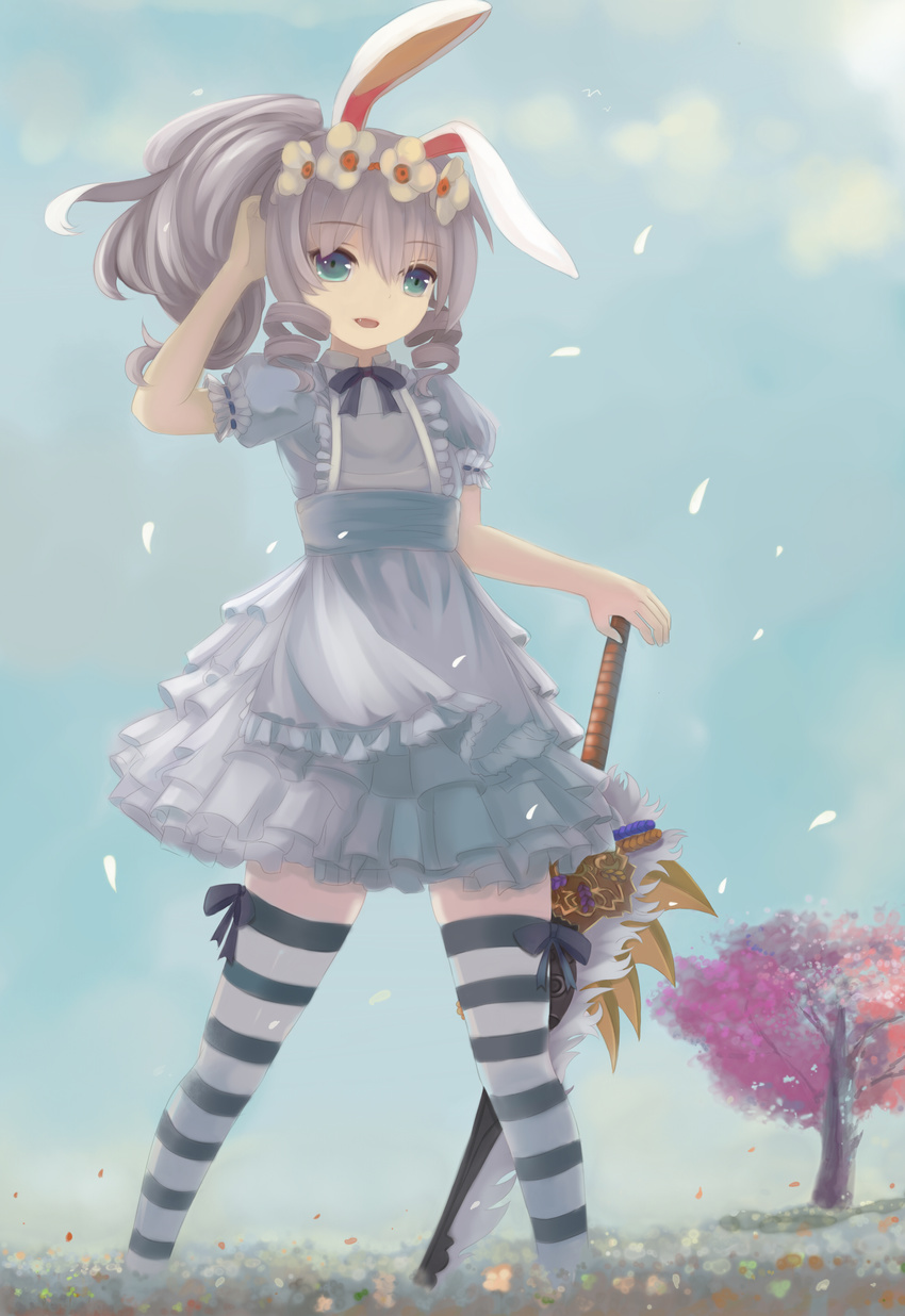 absurdres animal_ears apron blue_eyes commentary dress elin female grey_hair highres long_hair mag_(huangmag) oerba_yun_fang ponytail rabbit_ears slayer_(tera_online) smile solo striped_clothes striped_thighhighs sword tera_online thighhighs weapon