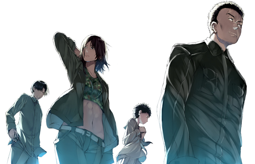 2boys 2girls a.q.u.a abs bad_id bad_pixiv_id belt black_eyes black_hair buckle dagger dark-skinned_female dark-skinned_male dark_skin etzali frown holding holding_dagger holding_knife holding_weapon knife light looking_back multiple_boys multiple_girls navel obsidian_rock saku_tatsuhiko shirt teshio_megumi tetsumou toaru_majutsu_no_index toned weapon yamate