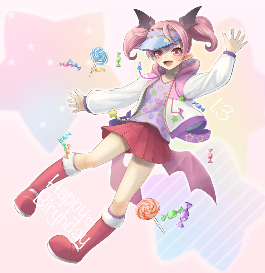 absurdres bad_id bad_twitter_id blush boots candy commentary_request demon_girl emelia_pris female food full_body happy_birthday highres hood hoodie lollipop long_hair low_wings open_mouth pink_eyes pink_hair pleated_skirt pointy_ears pop-up_story skirt smile solo twintails umino_kiri visor_cap wings