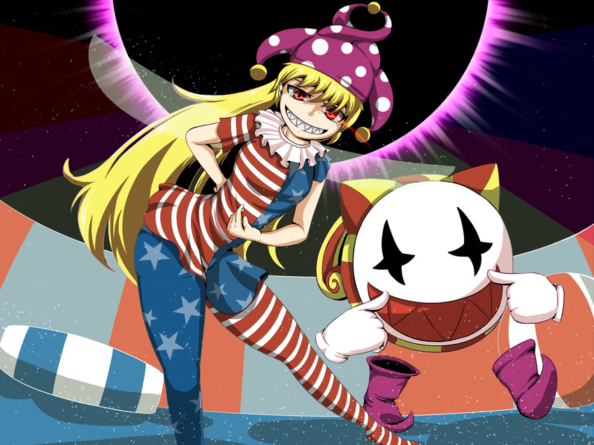 american_flag_dress american_flag_legwear bad_id bad_pixiv_id blonde_hair clownpiece creature epic_armageddon fairy_wings female hat jester_cap joka_(klonoa) kaze_no_klonoa long_hair pantyhose red_eyes sharp_teeth teeth touhou wings