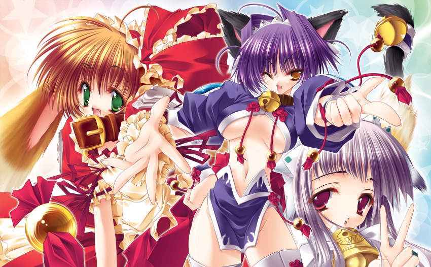 3girls ahoge animal_ears aoi_yuuji cat_ears cat_tail collar dog_ears green_eyes grey_hair hand_on_own_hip highres kurohime_(puni_puni_handmaid) multiple_girls one_eye_closed orange_hair photoshop_(medium) pochiko_(puni_puni_handmaid) pointing puni_puni_handmaid purple_hair red_eyes short_hair tail thighhighs v yellow_eyes yui_(puni_puni_handmaid)