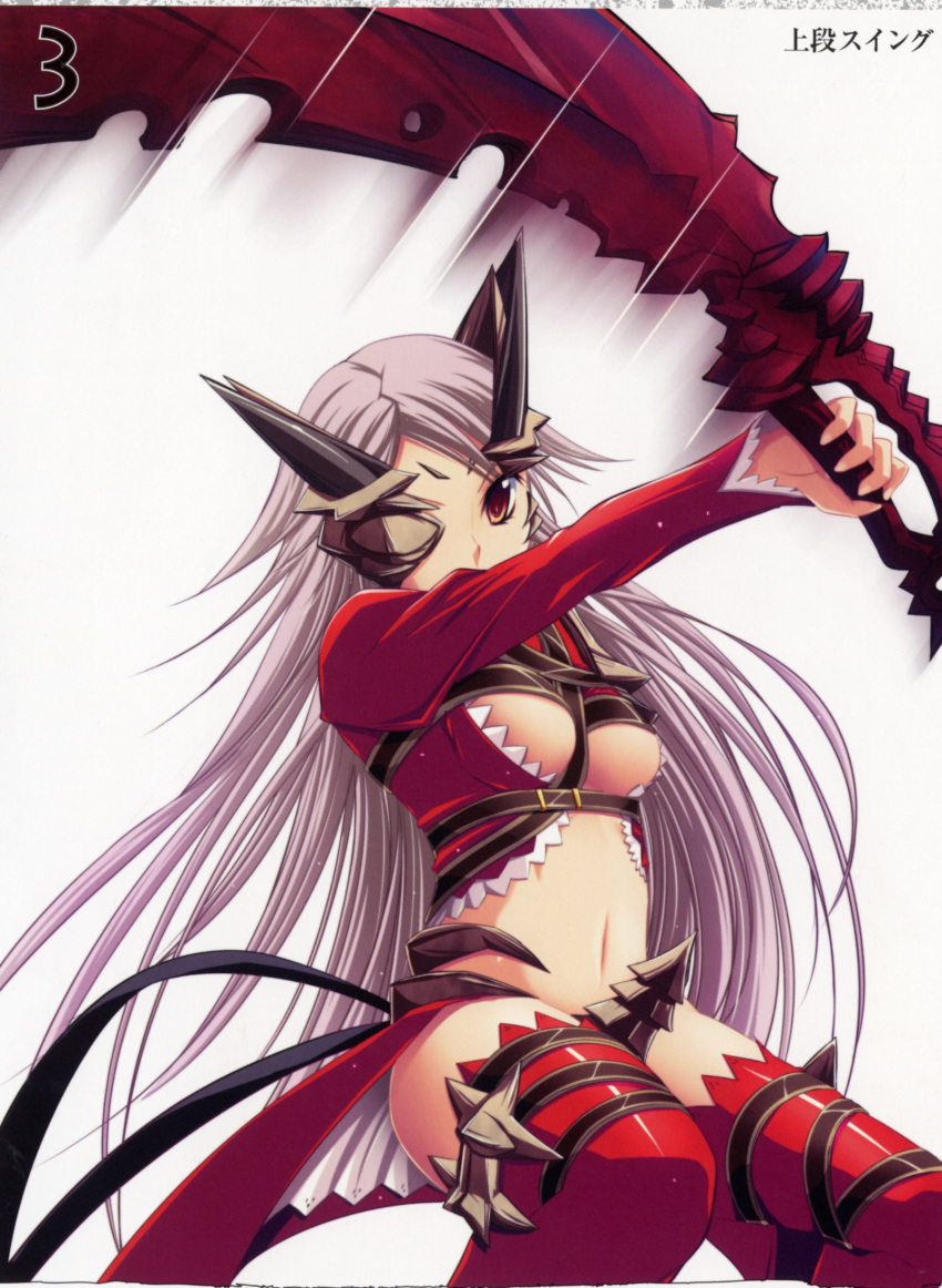 absurdres aldra_(queen's_blade) belt_bra breasts eyepatch female grey_hair highres kantaka long_hair medium_breasts midriff navel queen's_blade queen_aldra revealing_clothes solo sword thighhighs underboob weapon yellow_eyes