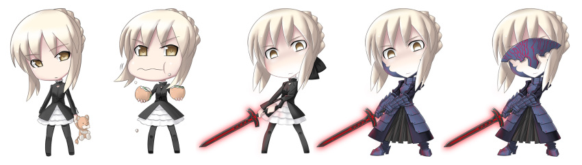 armor armored_dress artoria_pendragon_(fate) burger chibi dress excalibur_morgan_(fate) fate/stay_night fate_(series) female food highres multiple_views pantyhose photoshop_(medium) saber_alter stuffed_animal stuffed_toy sugar_(sugarless) sword weapon