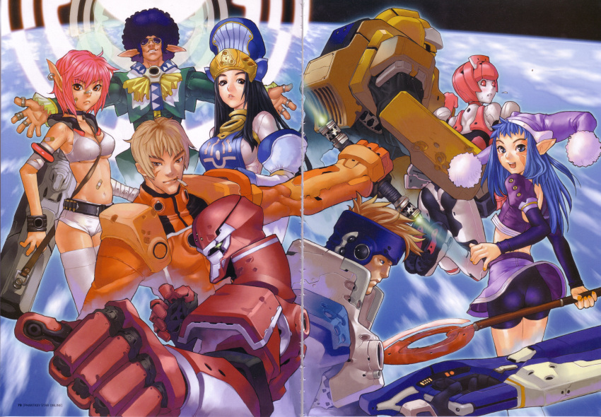 4boys 4girls absurdres afro android ash_(phantasy_star_online) bandaid bandaid_on_arm bandaid_on_face bandaid_on_nose bandaid_on_stomach belt bernie_(phantasy_star_online) bike_shorts black_hair blue_eyes blue_hair breasts brown_hair caseal cigarette cleavage crease earrings elenor_camuel everyone fomarl fonewearl fonewm hakua_ugetsu hat highres hucast humar hunewearl jewelry kireek large_breasts long_hair medium_breasts midriff multiple_boys multiple_girls phantasy_star phantasy_star_online photoshop_(medium) pink_hair planet pointy_ears racaseal racast ramar rupika scan scan_artifacts short_hair short_shorts shorts space staff thighhighs underboob white_thighhighs