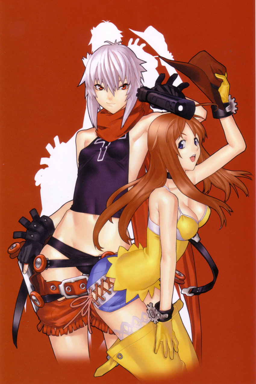 2girls absurdres bakuretsu_tenshi bare_shoulders blue_eyes breasts cleavage cowboy_hat cowboy_western crop_top desert_eagle fringe_trim gloves gun hakua_ugetsu handgun hat highres holster jo_(bakuretsu_tenshi) large_breasts long_hair lowleg lowleg_panties meg_(bakuretsu_tenshi) midriff multiple_girls orange_eyes panties photoshop_(medium) red_hair scan short_hair silver_hair sleeveless small_breasts thighhighs underwear weapon