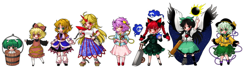 6+girls arm_cannon bad_id bad_pixiv_id bucket chibi cup everyone green_skirt highres horns hoshiguma_yuugi in_bucket in_container kaenbyou_rin kisume komeiji_koishi komeiji_satori kurodani_yamame mizuhashi_parsee multiple_girls reiuji_utsuho sakazuki shiratama_(shiratama_zenzai) shirt single_horn skirt star_(symbol) subterranean_animism third_eye touhou weapon wings yellow_shirt