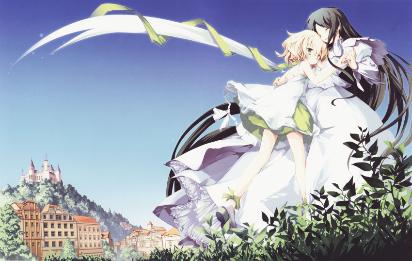 2girls absurdres belle_(katahane) black_hair blonde_hair blush building castle christina_dorn closed_eyes day dress fue_(tsuzuku) gown grass green_eyes highres katahane leaf legs long_hair multiple_girls official_art outdoors scarf scenery short_hair skirt sky standing very_long_hair white_dress wings