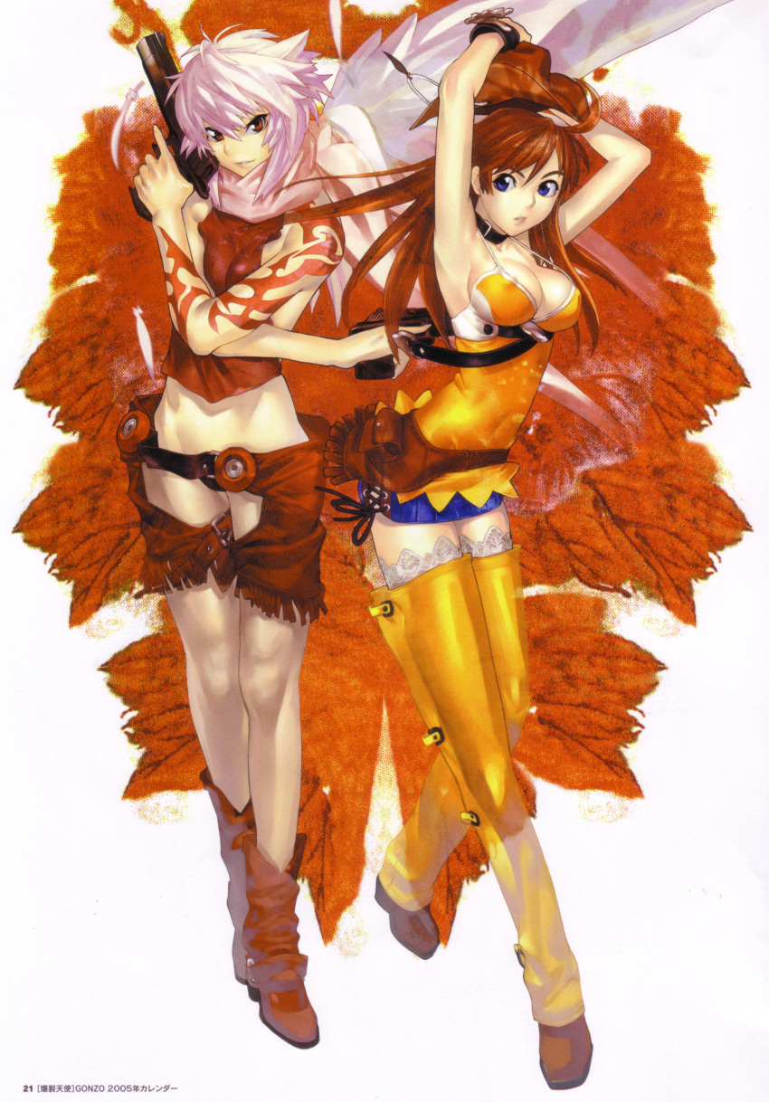 2girls absurdres bakuretsu_tenshi boots breasts cleavage cowboy_hat cowboy_western crop_top desert_eagle dual_wielding fringe_trim gun hakua_ugetsu handgun hat highres holding jo_(bakuretsu_tenshi) medium_breasts meg_(bakuretsu_tenshi) midriff multiple_girls photoshop_(medium) pink_hair red_eyes scan silver_hair tattoo thighhighs weapon