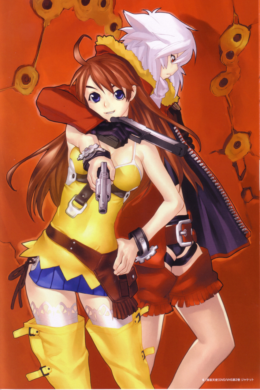 2girls absurdres bakuretsu_tenshi blue_eyes fringe_trim hakua_ugetsu highres jo_(bakuretsu_tenshi) meg_(bakuretsu_tenshi) multiple_girls orange_hair photoshop_(medium) red_eyes scan short_hair silver_hair thighhighs weapon