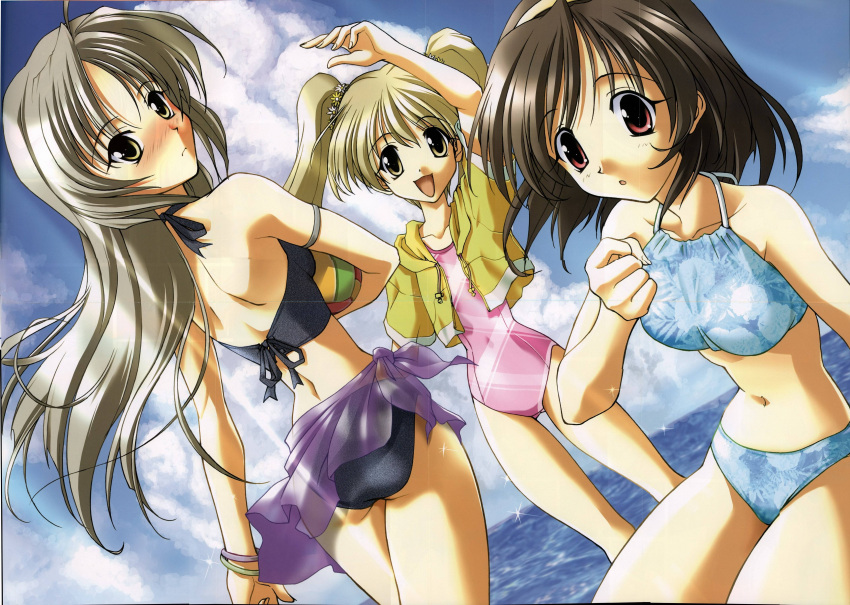 3girls absurdres bikini blush breasts brown_eyes day flat_chest futami_shion highres ibuki_minamo imasaka_yue long_hair medium_breasts memories_off memories_off_1 multiple_girls red_eyes sasaki_mutsumi short_hair sky small_breasts swimsuit