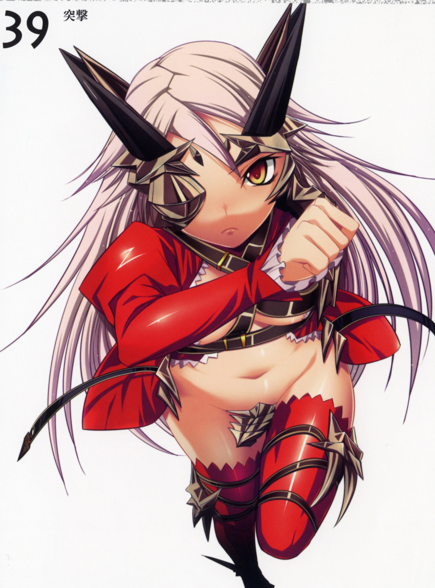 absurdres aldra_(queen's_blade) belt_bra eyepatch female grey_hair highres kantaka long_hair midriff navel queen's_blade queen_aldra revealing_clothes solo thighhighs yellow_eyes