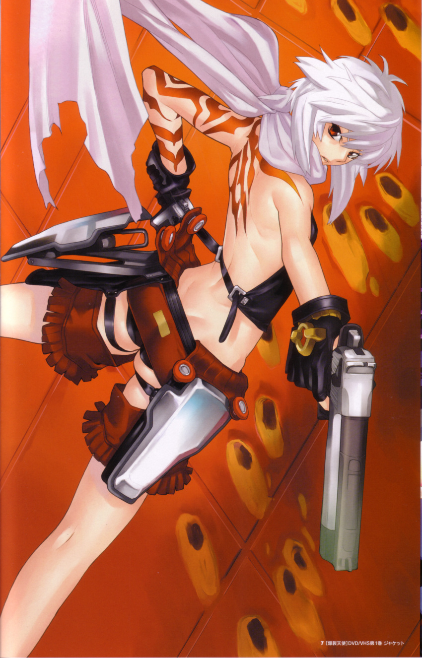 absurdres backless_outfit bakuretsu_tenshi cocked_hammer crop_top desert_eagle dual_wielding female fringe_trim gloves gun hakua_ugetsu handgun highres holding holster jo_(bakuretsu_tenshi) looking_back photoshop_(medium) red_eyes scarf short_hair silver_hair solo tattoo thigh_holster weapon