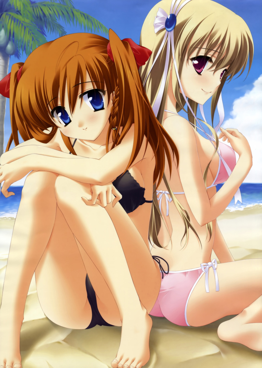 2girls absurdres back-to-back barefoot beach bikini blonde_hair blue_eyes braid clarissa_satsuki_maezono cloud day feet hair_ribbon highres honeycoming_royalsweet kamijou_asahi long_hair matsushita_makako multiple_girls orange_hair outdoors palm_tree purple_eyes rakko_(makarakko) ribbon sand side-tie_bikini_bottom side_braid sitting sky smile swimsuit tree twintails water