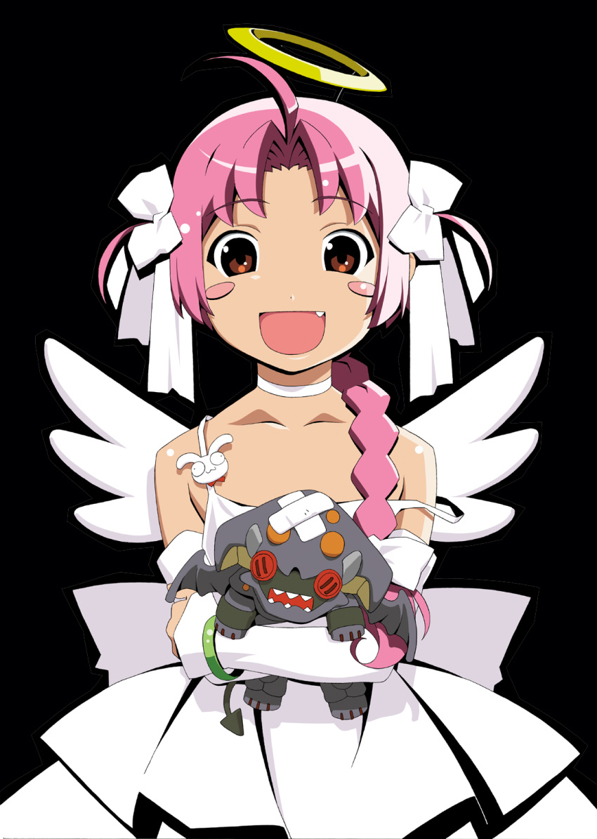 ahoge angel angel_wings bare_shoulders blush_stickers bow bracelet brown_eyes choker detached_sleeves dress female hairbow halo highres jewelry long_hair mugimaru nakahara_komugi nurse_witch_komugi-chan oerba_yun_fang pink_hair smile solo strap_slip traditional_halo watanabe_akio wings