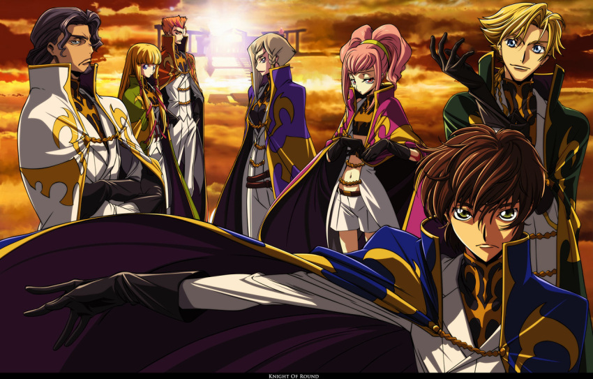 3girls 4boys anya_alstreim bismarck_waldstein cape chiba_yuriko code_geass gino_weinberg gloves knights_of_the_round_uniform kururugi_suzaku luciano_bradley monica_kruszewski multiple_boys multiple_girls nonette_enneagram uniform