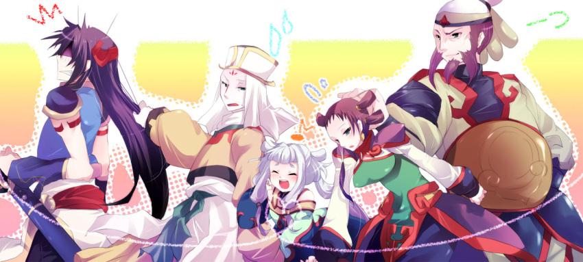 2girls 3boys albino black_hair blush brown_hair chinese_clothes closed_eyes code_geass commentary_request gao_hai hat hong_gu kurohara_yuu li_xingke long_hair makeup multiple_boys multiple_girls pale_skin photoshop_(medium) sword tianzi twintails weapon white_hair zhou_xianglin