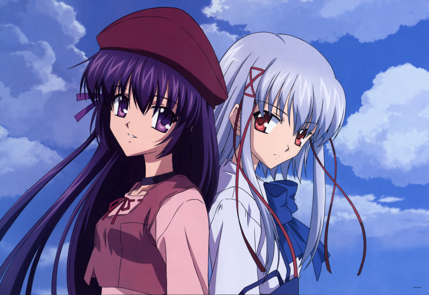 2girls absurdres black_hair blue_bow blue_hair bow choker cloud day hair_ribbon hat highres imageboard_desourced koga_makoto long_hair looking_at_viewer morimiya_aono multiple_girls non-web_source pink_shirt purple_eyes red_eyes red_headwear red_ribbon ribbon shihou_matsuri shirt sky sola strap_slip white_shirt