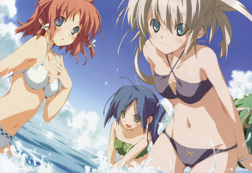 3girls absurdres amagahara_inaho bikini blonde_hair blue_eyes blue_hair day green_eyes happy_margaret! highres kokonoka multiple_girls nishinomiya_shizuru red_hair rindou_saki swimsuit yellow_eyes