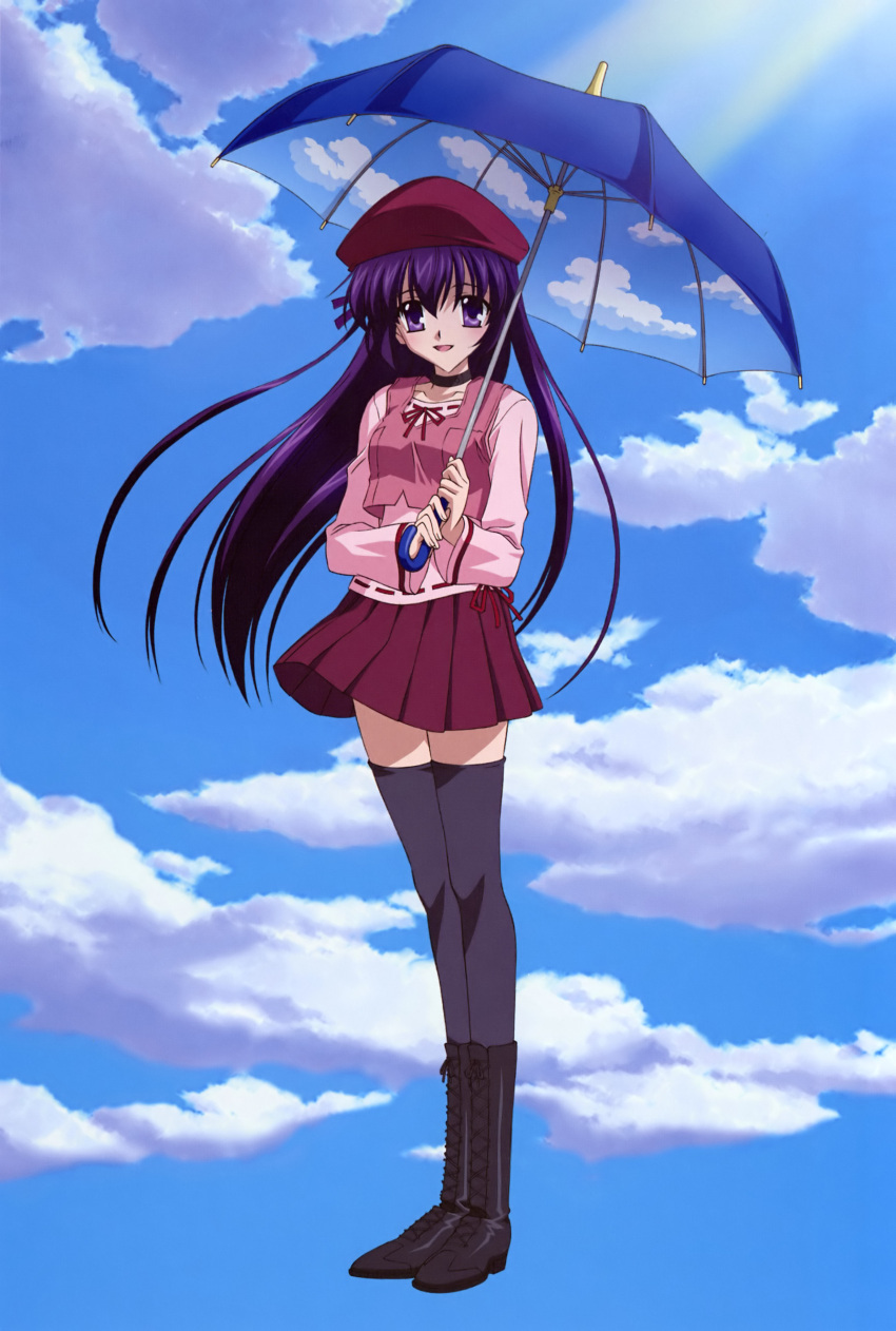 absurdres black_hair boots bow choker cloud day female hat highres imageboard_desourced koga_makoto long_hair non-web_source parasol purple_eyes ribbon shihou_matsuri sky sky_print sola solo thighhighs umbrella very_long_hair