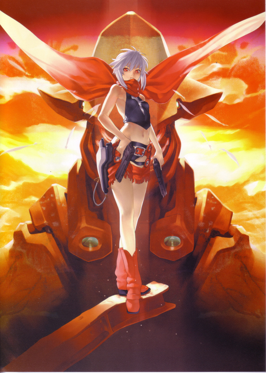 absurdres bakuretsu_tenshi boots crop_top desert_eagle dual_wielding female fringe_trim gun hakua_ugetsu handgun highres holding holster jo_(bakuretsu_tenshi) midriff photoshop_(medium) red_eyes scan scarf short_hair silver_hair solo sunset thigh_holster weapon