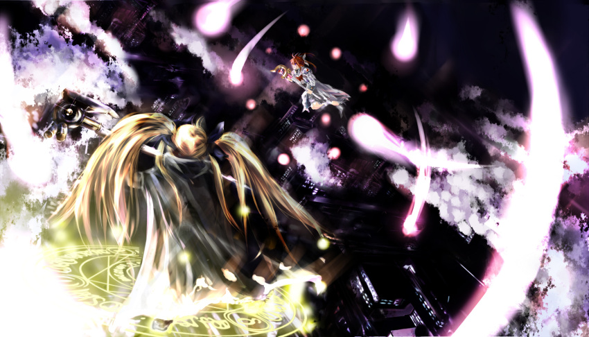 2girls bardiche_(device_form)_(nanoha) bardiche_(nanoha) blonde_hair commentary_request ego6 fate_testarossa fate_testarossa_(original_form) highres long_hair looking_at_viewer lyrical_nanoha magic mahou_shoujo_lyrical_nanoha multiple_girls outstretched_arms raising_heart raising_heart_(device_mode) takamachi_nanoha takamachi_nanoha_(original_mode) very_long_hair