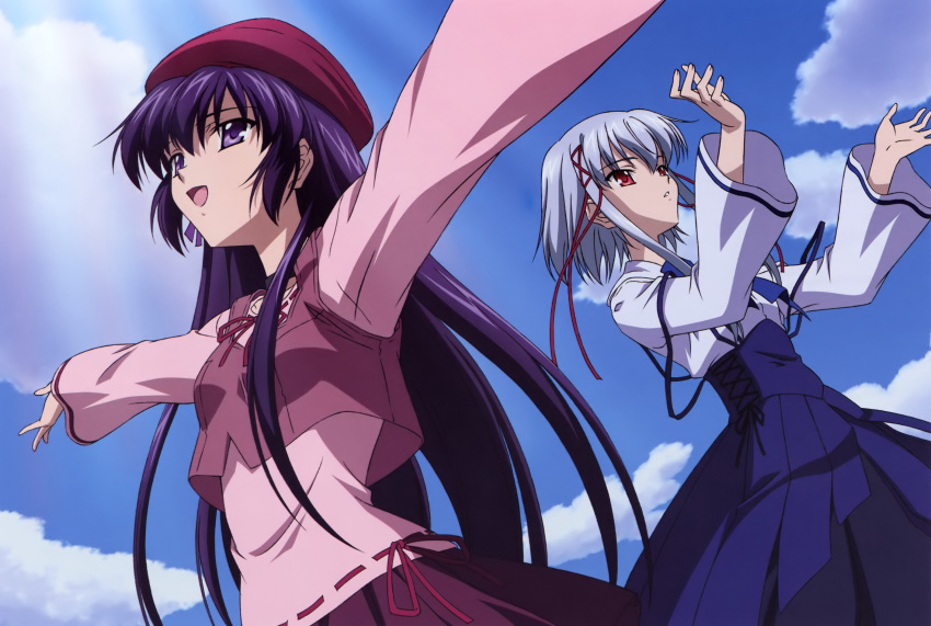 2girls absurdres black_hair bow cloud day hat highres imageboard_desourced koga_makoto long_hair morimiya_aono multiple_girls non-web_source outstretched_arms purple_eyes red_eyes ribbon shihou_matsuri sky sola spread_arms white_hair