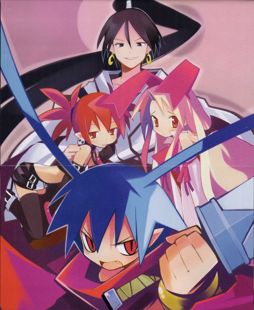 1boy 3girls disgaea etna_(disgaea) flonne flonne_(fallen_angel) highres laharl multiple_girls sakura_(disgaea) scan thighhighs yamamoto_keiji