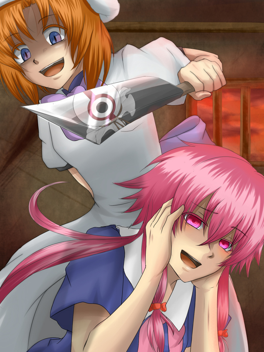 2girls :d blue_eyes bow commentary_request crazy_eyes crossover gasai_yuno hairbow hands_on_own_cheeks hands_on_own_face hashitsuki_nata highres higurashi_no_naku_koro_ni hirasaka_yomotsu indoors mirai_nikki multiple_girls nata_(tool) open_mouth pink_eyes pink_hair piyo_(1jump6) red_bow reflection ringed_eyes ryuuguu_rena shaded_face short_hair short_sleeves slit_pupils smile teeth trait_connection upper_teeth_only weapon white_headwear window yandere