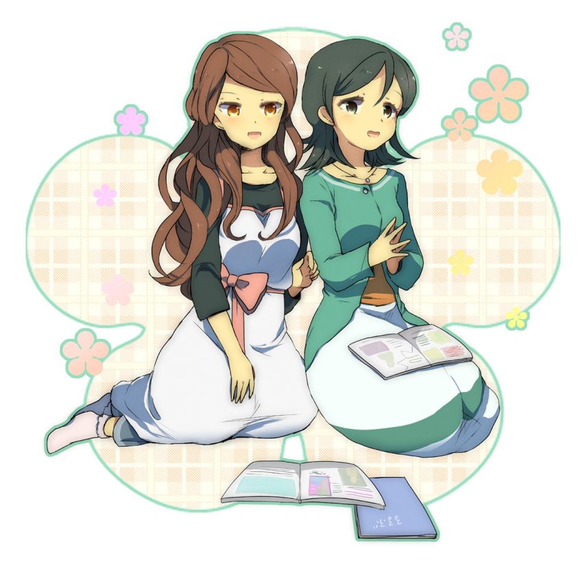 2girls bad_id bad_pixiv_id brown_eyes brown_hair cardigan green_eyes green_hair inazuma_eleven inazuma_eleven_(series) inazuma_eleven_go kino_aki long_hair multiple_girls open_mouth pants raimon_natsumi rinran short_hair sitting skirt smile