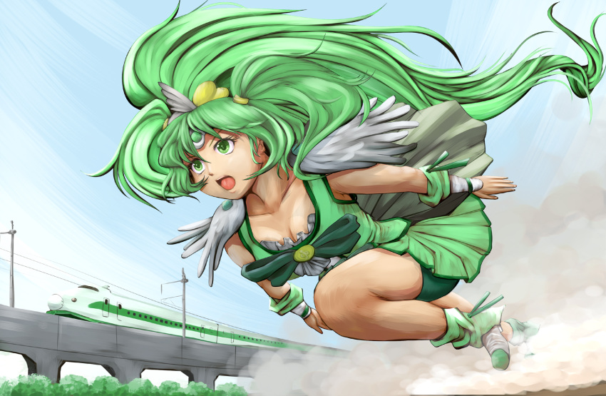 bike_shorts bike_shorts_under_skirt collarbone commentary_request cure_march eyelashes female green_eyes green_hair green_skirt green_theme harihisa high_ponytail highres long_hair magical_girl midorikawa_nao no_choker photoshop_(medium) ponytail precure running shinkansen shoes skirt smile_precure solo train tri_tails wrist_cuffs