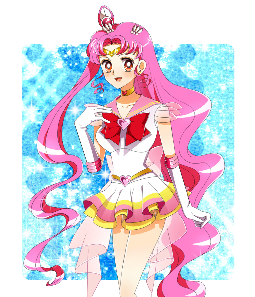 aged_up alternate_hairstyle aqua_background bad_id bad_pixiv_id bishoujo_senshi_sailor_moon bow brooch chibi_usa choker cone_hair_bun curly_hair female gloves hair_bun hair_half_undone hair_ornament hairpin heart heart_brooch heart_choker hifumi_(balance) highres jewelry long_hair long_neck magical_girl multicolored_clothes multicolored_skirt neck pink_hair pink_sailor_collar pleated_skirt red_eyes ribbon sailor_chibi_moon sailor_collar sailor_senshi_uniform sidelocks single_hair_bun skirt smile solo super_sailor_chibi_moon tiara waist_brooch white_gloves