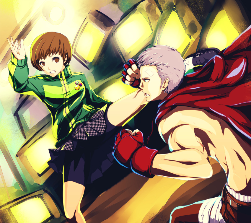 1boy armor badge bandaid battle bike_shorts brown_eyes brown_hair button_badge cape commentary_request duel female houndstooth infinote jacket japanese_armor kicking kote kung_fu legs mixed_gender_duel muscular persona persona_3 persona_4 persona_4:_the_ultimate_in_mayonaka_arena pleated_skirt sanada_akihiko satonaka_chie school_uniform shoes short_hair shorts shorts_under_skirt skirt television track_jacket upskirt white_hair