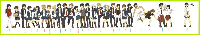 !? 6+boys 6+girls absurdres artistic_error bad_id bad_pixiv_id banana_peel bandana baseball_cap black_hair black_legwear blazer blonde_hair blue_hair blush border bow bowtie boxers brown_hair bug bungaku_shoujo_(danshi_koukousei) centipede chewing_gum crossdressing danshi_koukousei_no_nichijou elbowing emi_(danshi_koukousei) everyone flying_kick gakuran gender_request glasses habara_(danshi_koukousei) hair_ornament hair_over_eyes hairband hairpin handheld_game_console hat highres homeroom_teacher_(danshi_koukousei) ikushima_(danshi_koukousei) jacket karasawa_toshiyuki kicking kiyohiko_(danshi_koukousei) kneehighs knife kugihiko_(danshi_koukousei) long_hair male_underwear matsumoto_takahiro mei_(danshi_koukousei) mino_(danshi_koukousei) mirror mitsuo_(danshi_koukousei) motoharu_(danshi_koukousei) multiple_boys multiple_girls nago-san_(danshi_koukousei) nago_(danshi_koukousei) necktie nintendo_3ds open_mouth pantyhose pesticide ponytail president_(danshi_koukousei) ringo-chan_(danshi_koukousei) rule_63 school_uniform serafuku short_hair simple_background skirt smile sneaker_kyou socks striped_bow striped_bowtie striped_clothes striped_necktie stylus sweatdrop sweater_vest tabata_hidenori tabata_yuusuke tadakuni tan tanaka_yoshitake underwear vice_president_(danshi_koukousei) white_background wide_image yanagin_(danshi_koukousei) yasunori_(danshi_koukousei) yoshitake's_older_sister