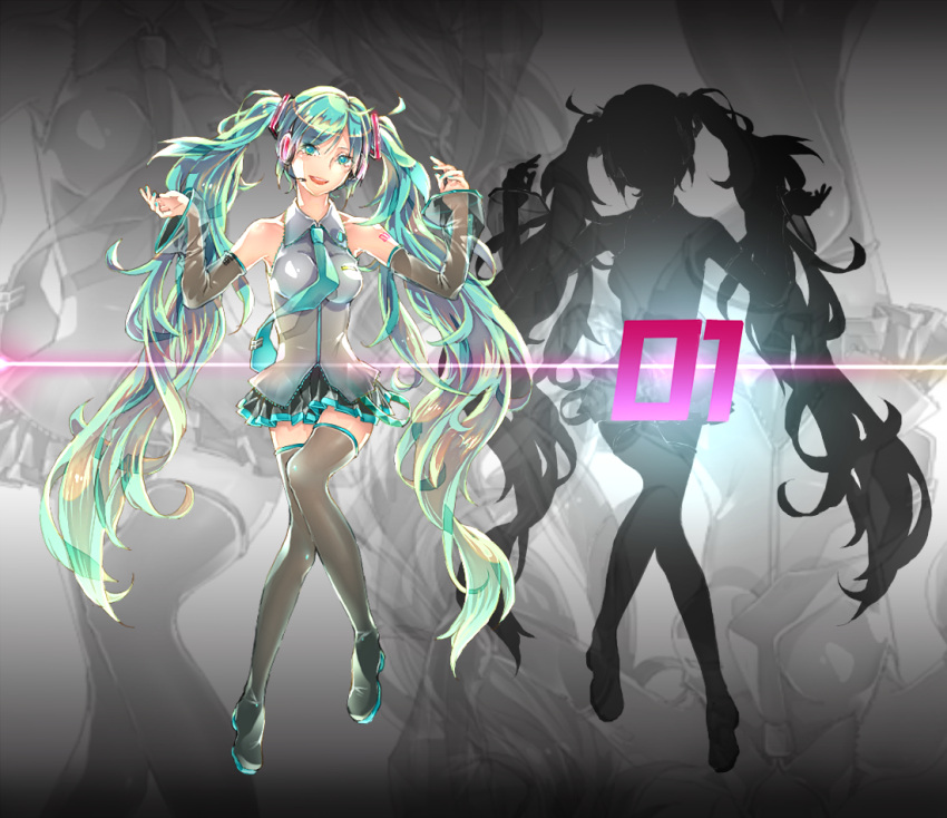 aqua_eyes aqua_hair bad_id bad_pixiv_id boots detached_sleeves ena1215 female hatsune_miku headset long_hair necktie skirt solo thigh_boots thighhighs twintails very_long_hair vocaloid zoom_layer