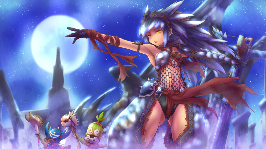 bowgun breasts cha-cha commentary_request female full_moon kayamba long_hair lucent_nargacuga medium_breasts monster_hunter_(character) monster_hunter_(series) monster_hunter_3_g moon nargacuga_(armor) navel night night_sky photoshop_(medium) sky star_(sky) starry_sky tsukigami_chronica weapon yellow_eyes