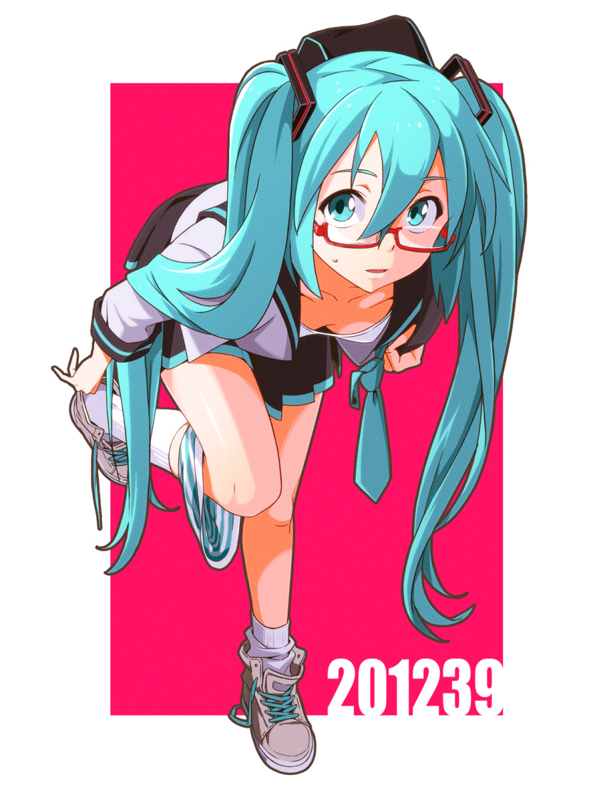 39 9aki adjusting_clothes adjusting_shoe aqua_eyes aqua_hair bespectacled bra breasts collarbone commentary_request dated downblouse female glasses hatsune_miku highres leaning_forward lingerie long_hair miku_day necktie open_clothes open_shirt panties panties_around_one_leg red-framed_eyewear semi-rimless_eyewear shirt shoes skirt small_breasts socks solo standing standing_on_one_leg striped_clothes striped_panties twintails under-rim_eyewear underwear undone_necktie very_long_hair vocaloid