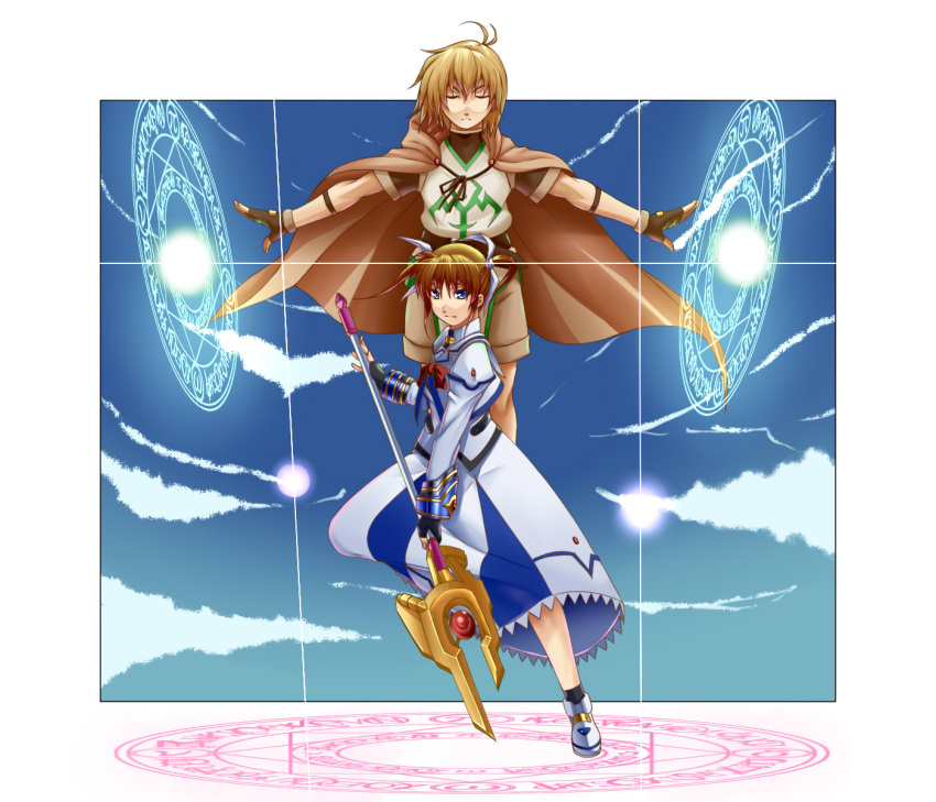 1boy aomidori_(krkg) bad_id bad_pixiv_id blue_eyes brown_hair cape closed_eyes dress female fingerless_gloves gloves hair_ribbon highres lyrical_nanoha magic_circle mahou_shoujo_lyrical_nanoha raising_heart raising_heart_(buster_mode) ribbon short_hair short_twintails shorts staff takamachi_nanoha takamachi_nanoha_(sacred_mode) twintails yuuno_scrya