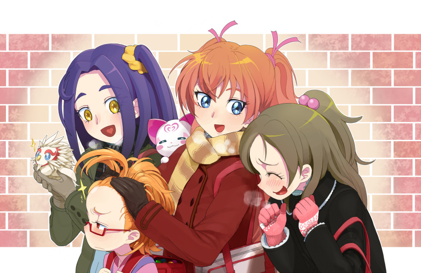 4girls bird breath brick_wall coat commentary_request eyelashes gloves hair_ornament half_updo highres houjou_hibiki hummy_(suite_precure) kurokawa_eren minamino_kanade moudoku_(decopon3rd) multiple_girls noise_(suite_precure) p-chan_(suite_precure) precure running_bond scarf seiren_(suite_precure) shirabe_ako suite_precure wall winter winter_clothes