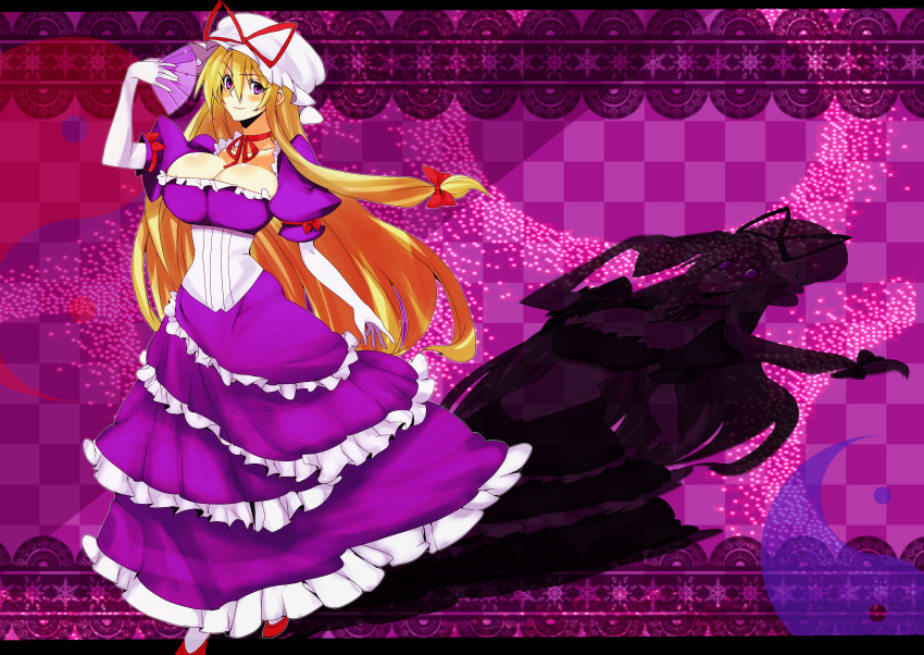 absurdres bad_id bad_pixiv_id blonde_hair breasts cleavage elbow_gloves female folding_fan gloves hand_fan hat hat_ribbon highres large_breasts letterboxed long_hair purple_eyes ribbon shadow solo touhou white_gloves whoosaku yakumo_yukari