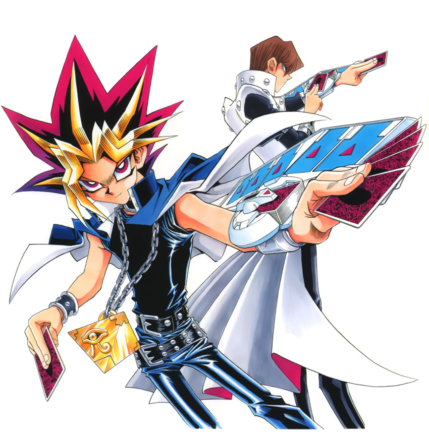 2boys absurdres blonde_hair brown_hair card cards duel_disk highres kaiba_seto multiple_boys mutou_yugi mutou_yuugi short_hair spiked_hair spikey_hair takahashi_kazuki yami_yugi yami_yuugi yu-gi-oh! yuu-gi-ou_duel_monsters