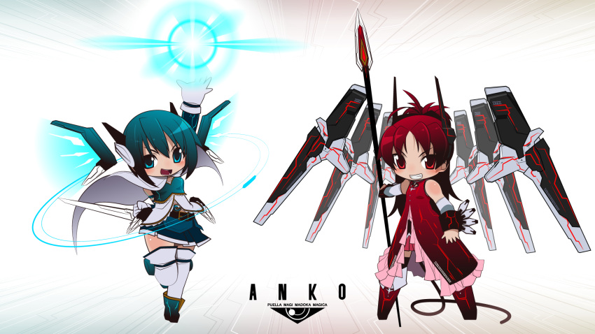 2girls anubis_(z.o.e.) bad_id bad_pixiv_id blue_eyes blue_hair boots cape chibi commentary_request cosplay energy_ball energy_wings fin_funnels highres jehuty kuro_chairo_no_neko lance long_hair magical_girl mahou_shoujo_madoka_magica mahou_shoujo_madoka_magica_(anime) miki_sayaka miki_sayaka_(magical_girl) multiple_girls neon_trim parody polearm ponytail red_eyes red_hair robot_ears sakura_kyoko sakura_kyoko_(magical_girl) thigh_boots thighhighs weapon wings zone_of_the_enders