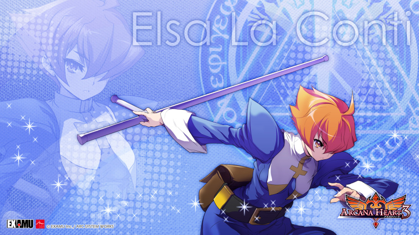 akaga_hirotaka arcana_heart arcana_heart_3 belt blue_background blue_theme cross elsa_la_conti female highres nun official_art official_wallpaper orange_eyes orange_hair short_hair solo zoom_layer