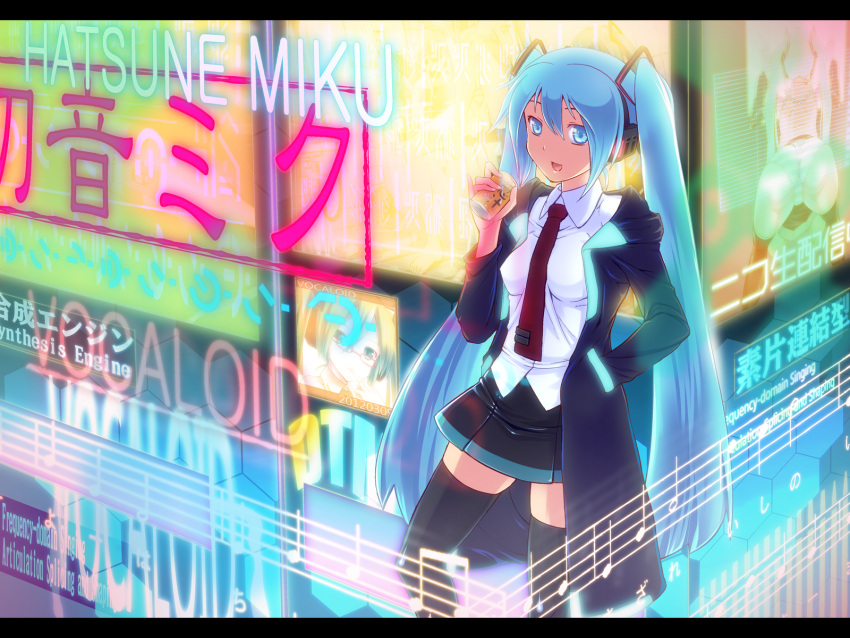 39 ass bad_id bad_nicoseiga_id blue_eyes blue_hair can character_name dated female hand_in_pocket hatsune_miku headphones highres inuga_anahoru letterboxed long_hair necktie open_mouth pinky_out skirt solo thighhighs twintails very_long_hair vocaloid