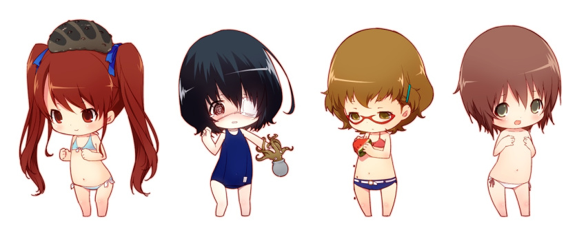 0123456789 1boy 3girls akazawa_izumi another bikini bikini_shorts chibi commentary_request covering_breasts covering_privates eyepatch food fruit glasses misaki_mei mochizuki_yuuya multiple_girls octopus one-piece_swimsuit otoko_no_ko school_swimsuit sea_cucumber shorts side-tie_bikini_bottom simple_background standing sugiura_takako summer swimsuit watermelon white_background