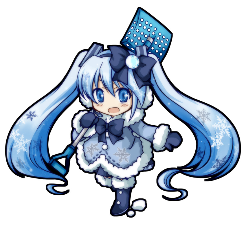 blue_eyes blue_hair boots bow chibi commentary_request female full_body hatsune_miku headset long_hair mittens open_mouth sanari_(quarter_iceshop) shovel simple_background snow_shovel solo twintails very_long_hair vocaloid white_background yuki_miku yuki_miku_(2012)